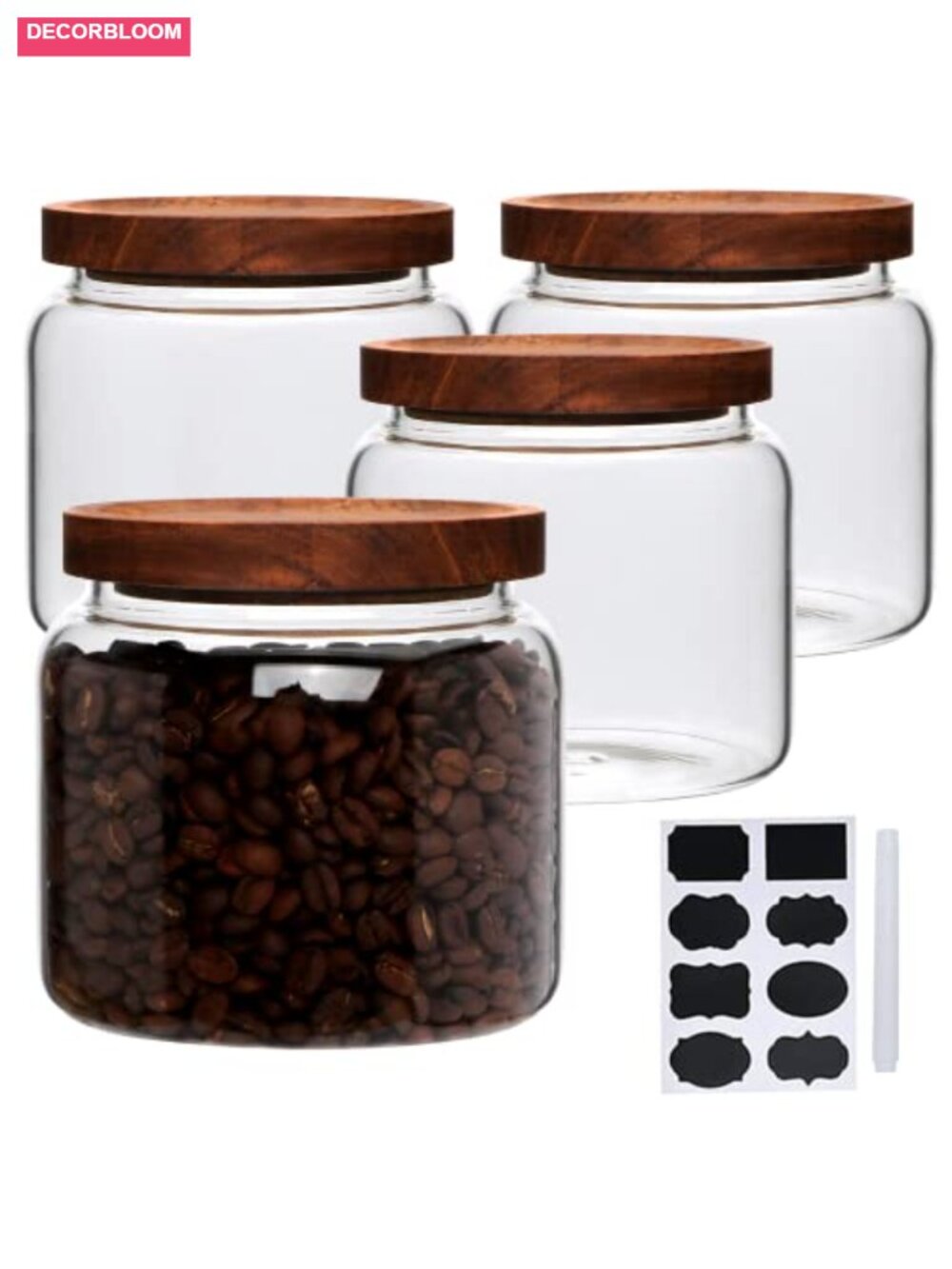 Set of 4 Glass Food Storage Containers with Wooden Lids, 33 oz Each